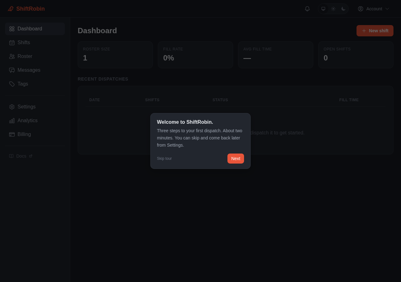 Dashboard with welcome tour overlay
