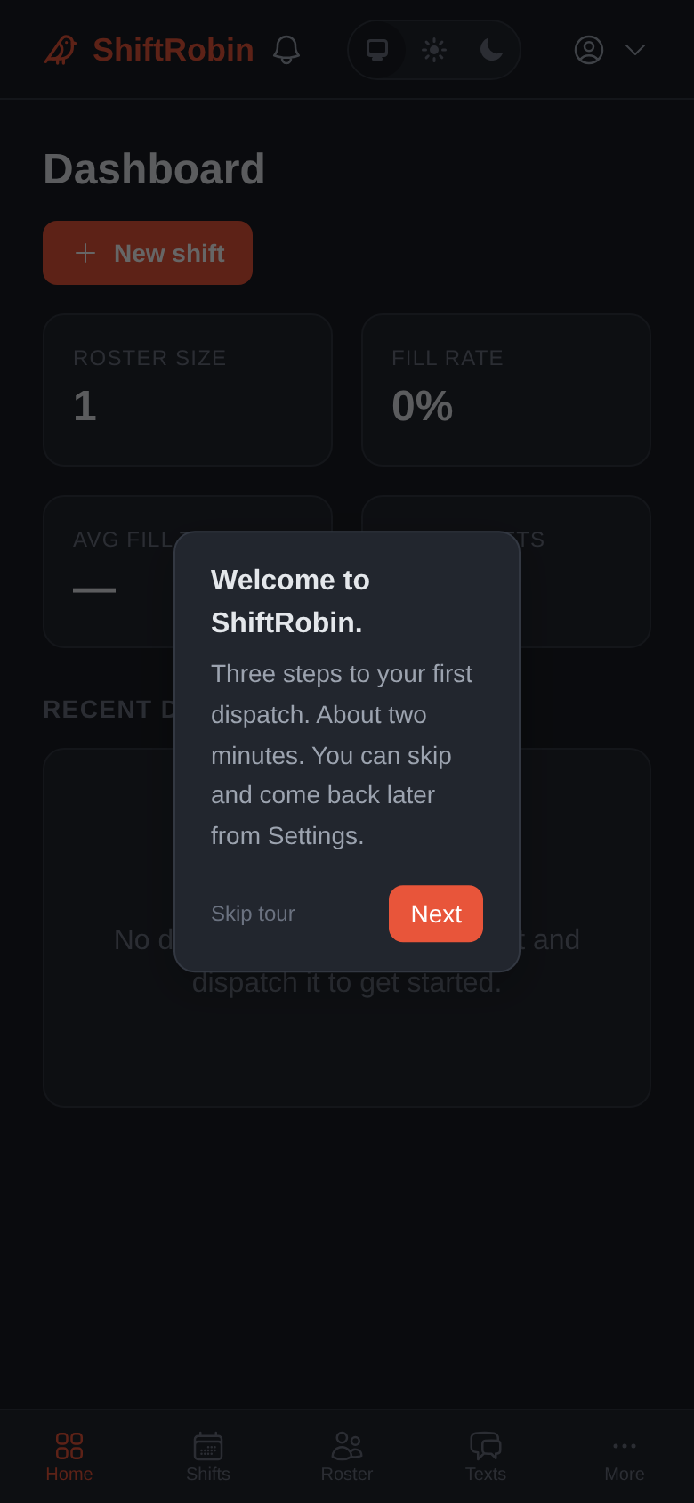 Dashboard with welcome tour overlay (mobile)