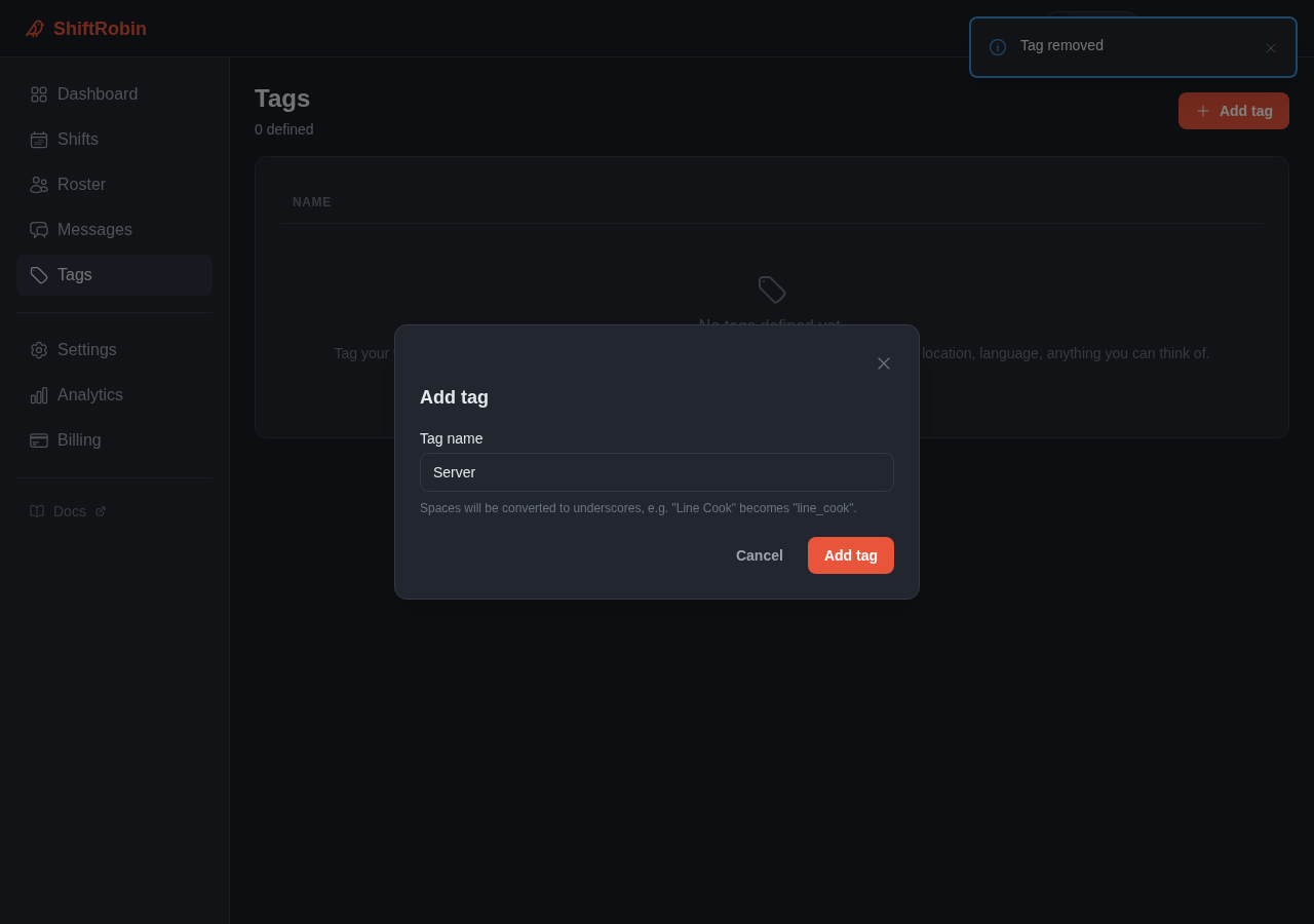 Tags page with add-tag modal open