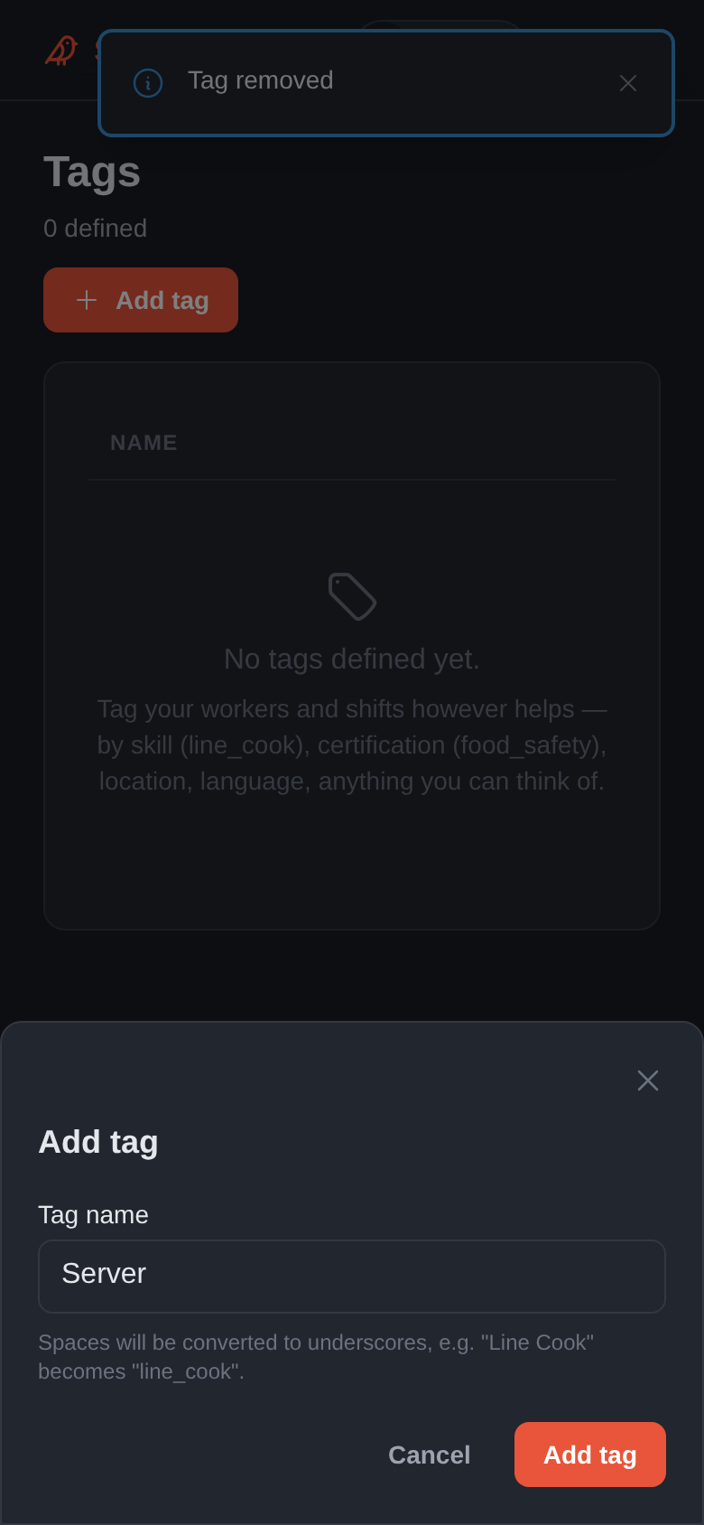 Tags page with add-tag modal open (mobile)