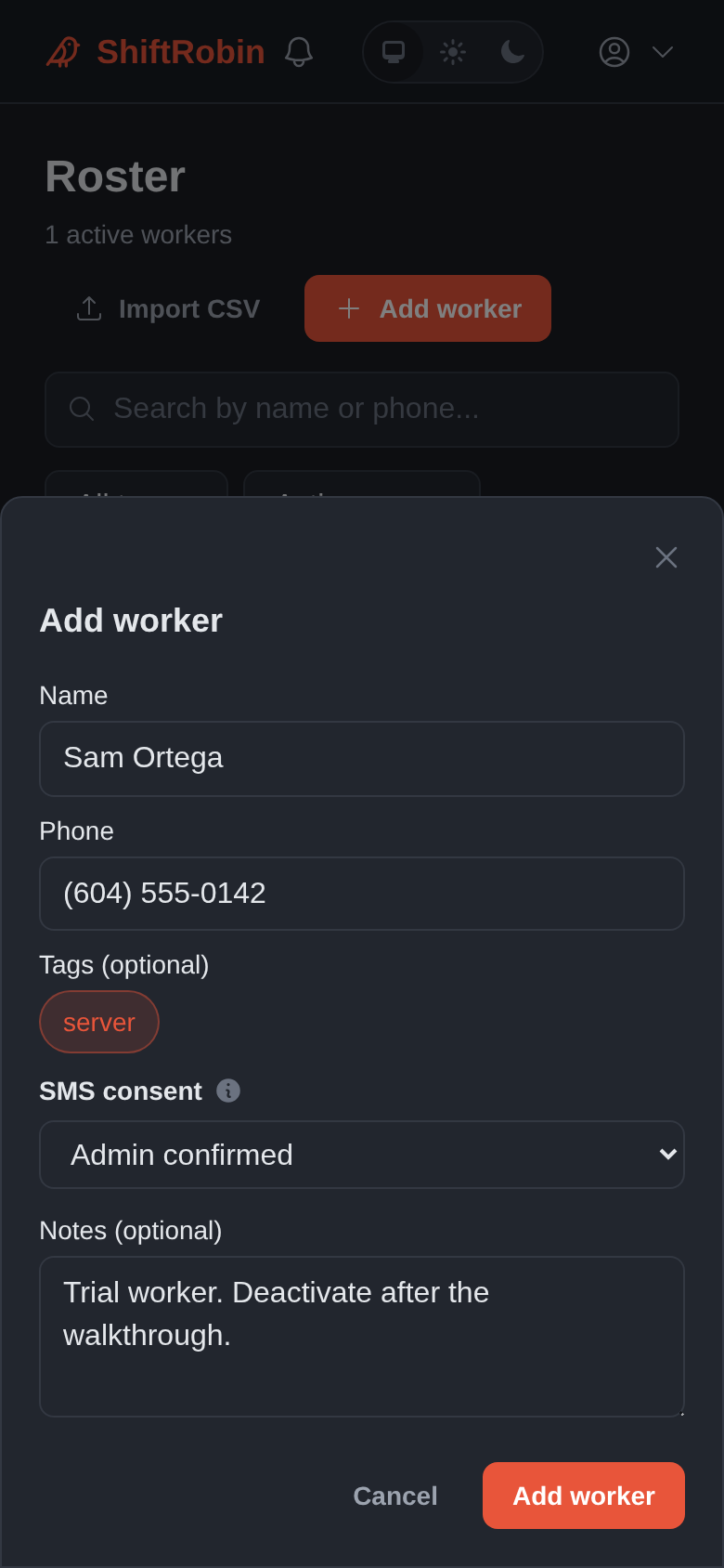 Add-worker modal with consent select (mobile)