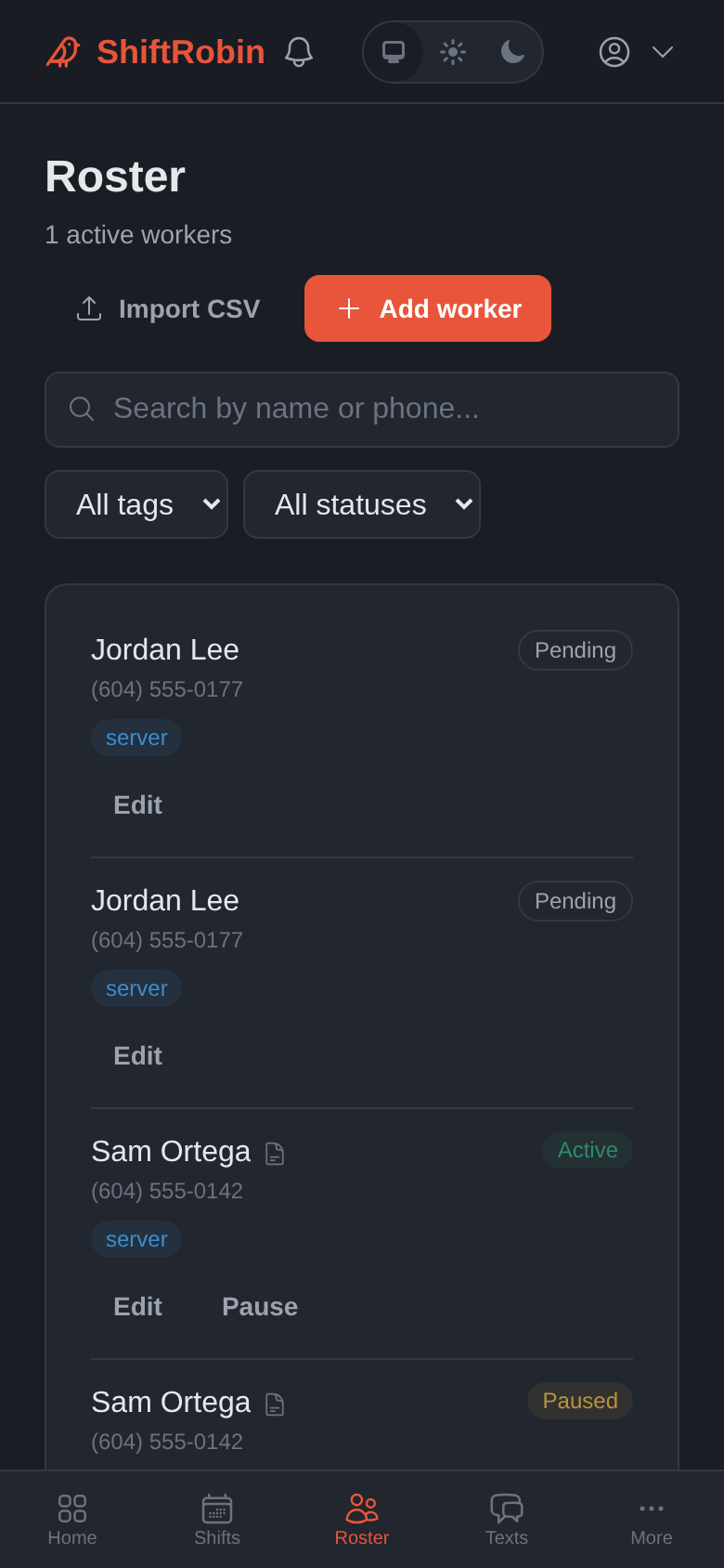 Roster page with two workers, one active and one pending consent (mobile)