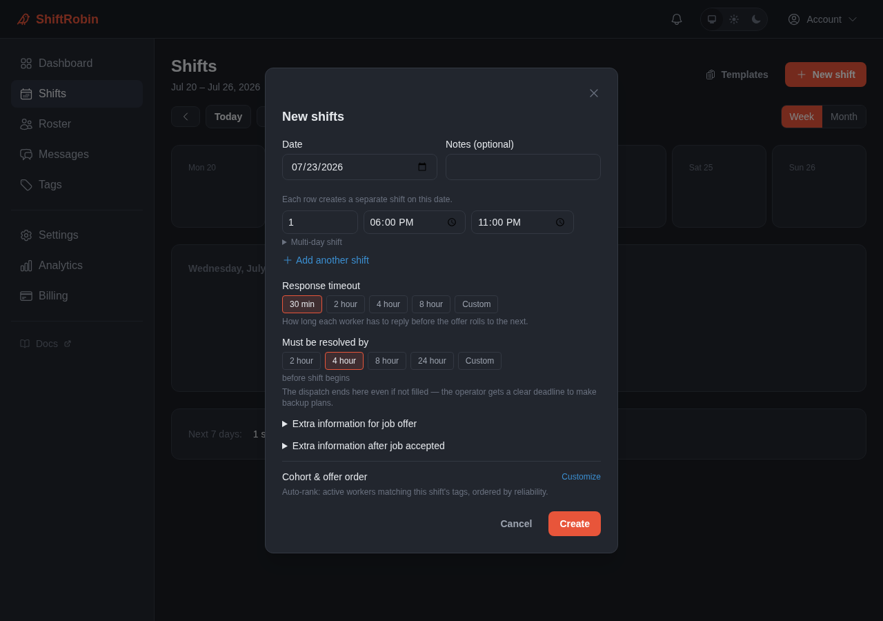 Create-shift modal with fields filled in