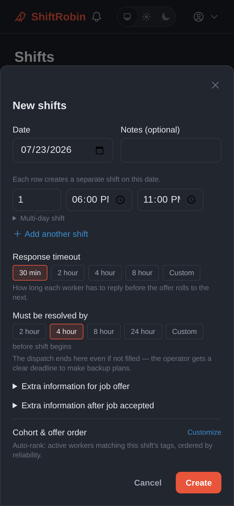 Create-shift modal with fields filled in (mobile)
