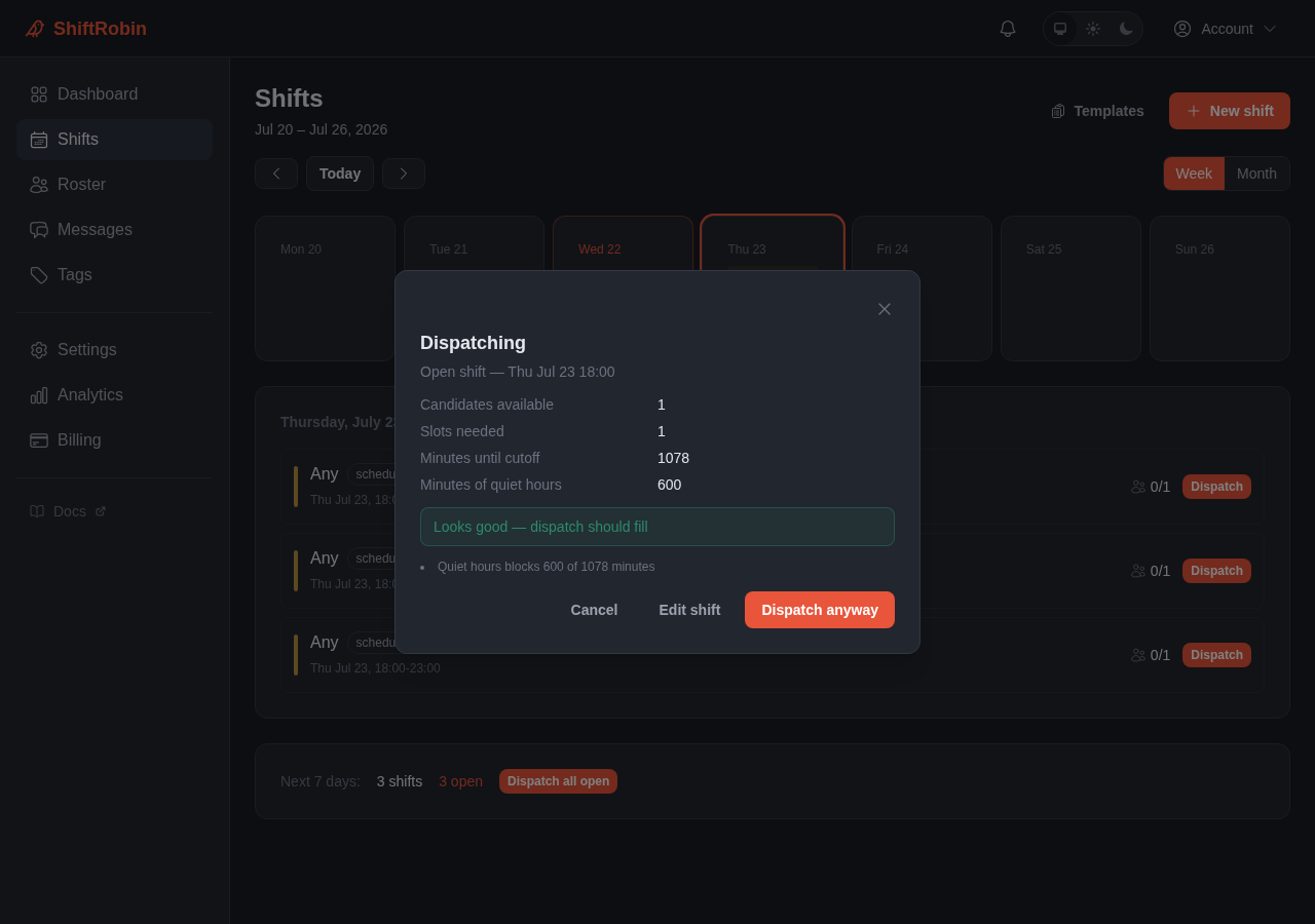Pre-dispatch check modal