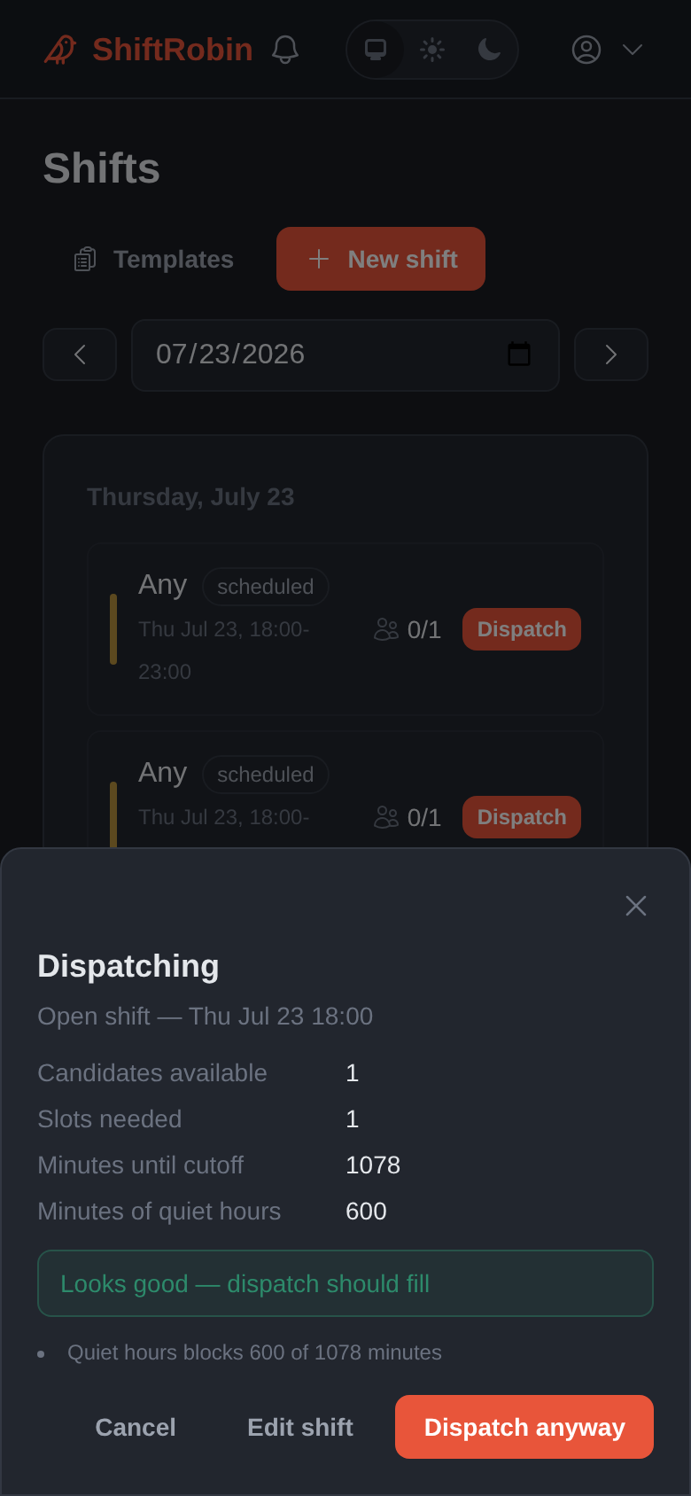 Pre-dispatch check modal (mobile)