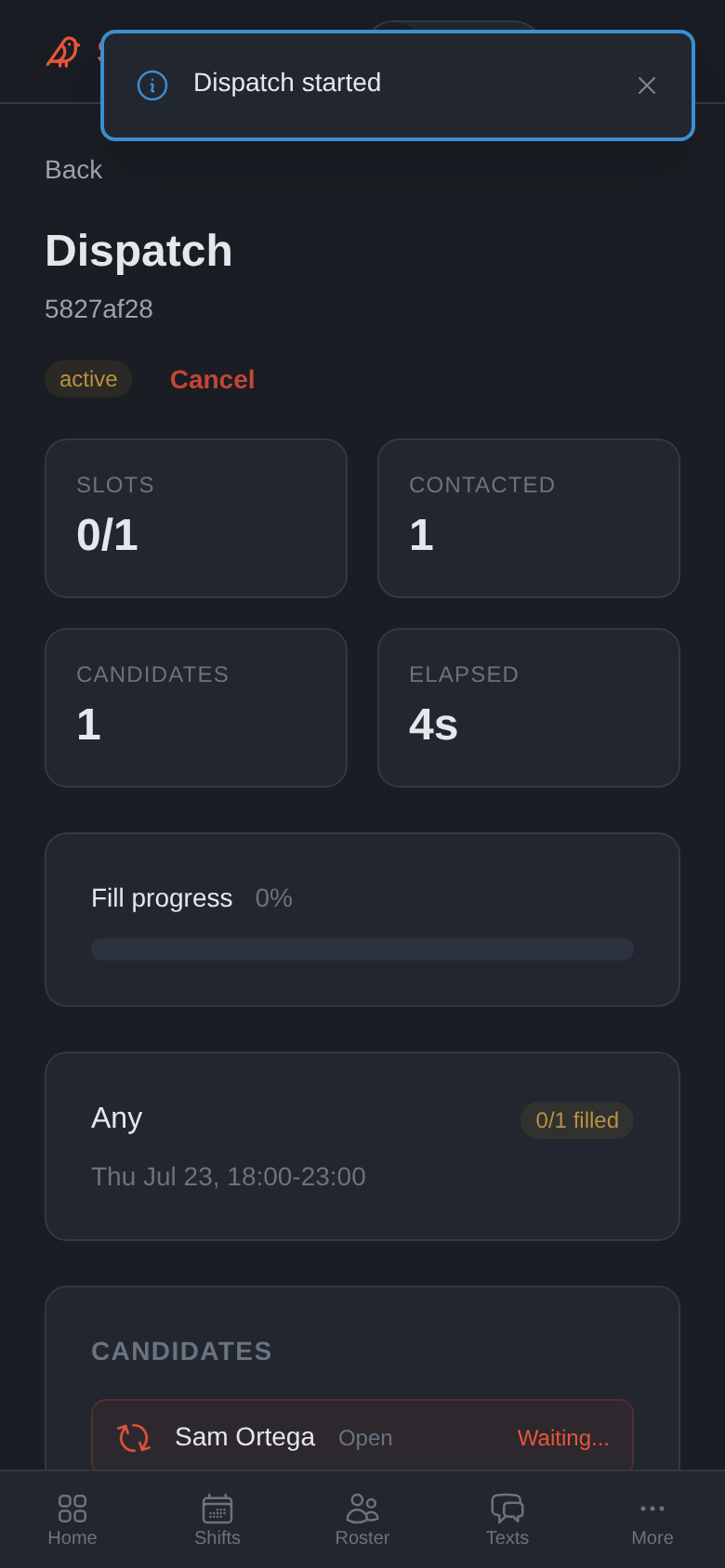 Live dispatch page with a pending candidate (mobile)